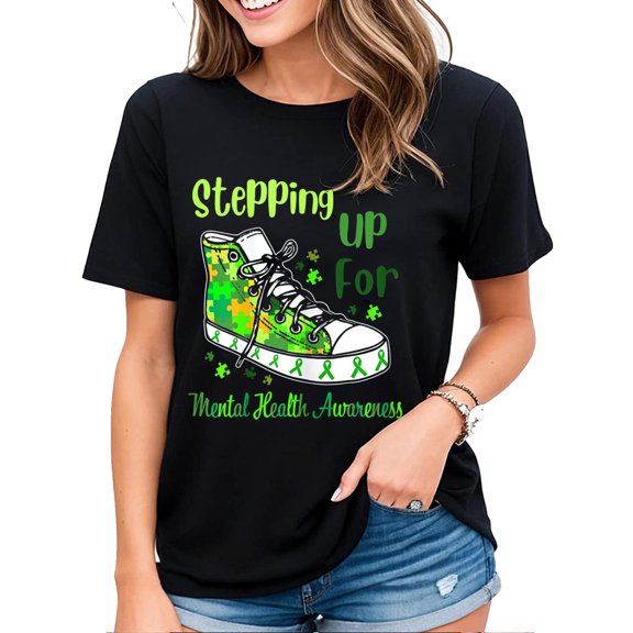 T-Shirt for Women Stepping Up For Mental Health Awareness Shoes Graphics Casual Short Sleeve Tops Black X-Large