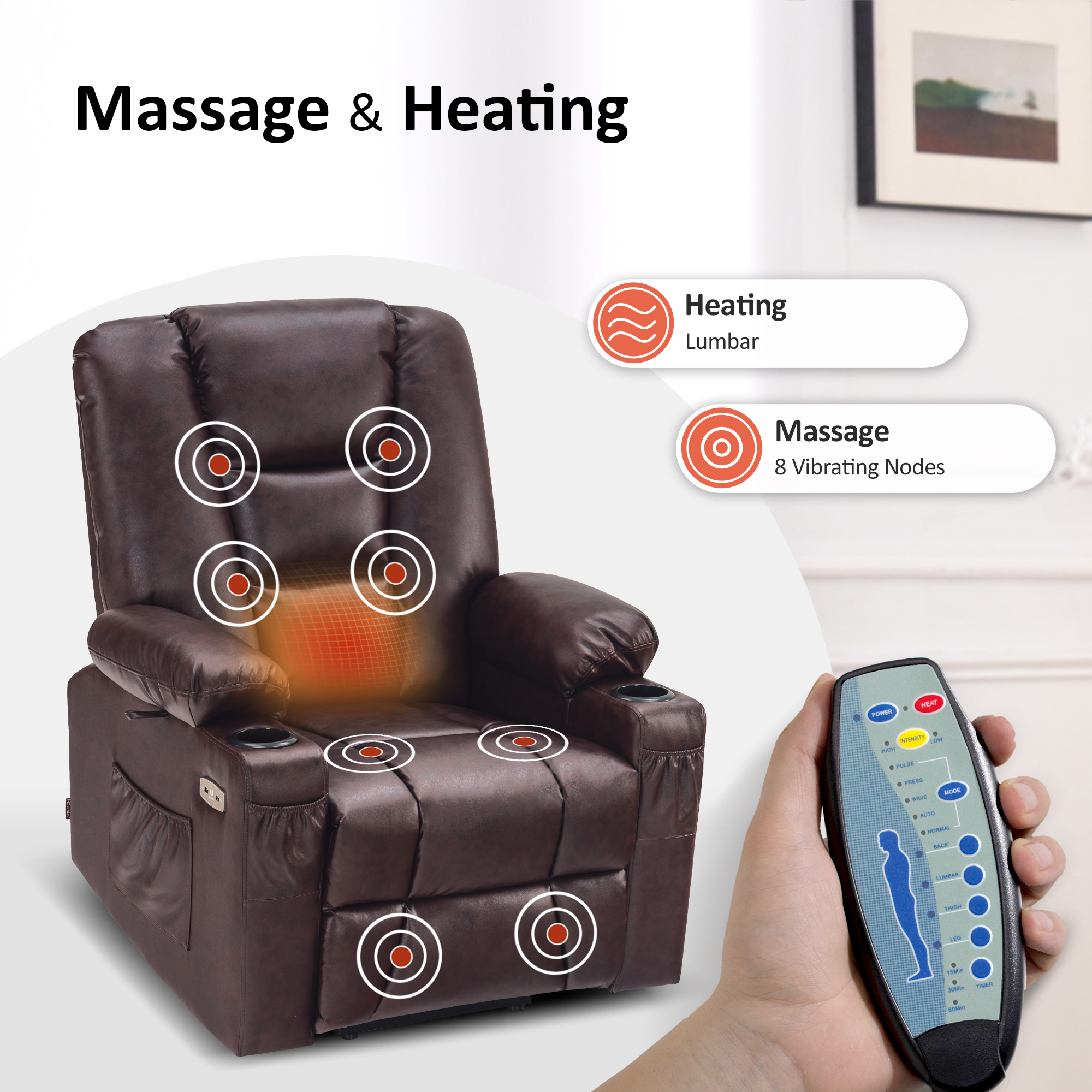 MCombo Power Lift Recliner Chair with Massage and Heat for Elderly People, Faux Leather 7519 (Medium, Dark Brown)