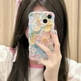 thumbnail image 3 of Case for iPhone 14 Pro Max, Colorful Retro Oil Painting Flower Laser Beam Glossy Pattern Cute Curly Wave Border Exquisite Phone Cover-Green, 3 of 5