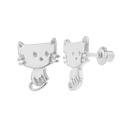 Rhodium Plated Cat Kitten Safety Screw Back Earrings for Kids Little Girls