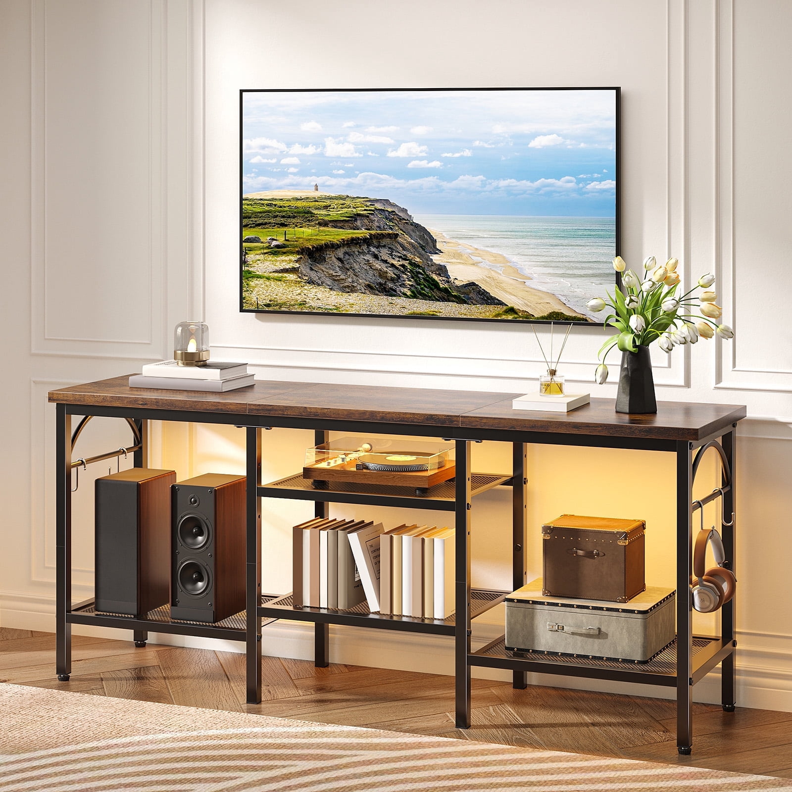 Pinmoco TV Stand for TVs up to 55 Inch, LED Light Entertainment Center with Open Storage Shelves, TV Media Console Table for Living Room, Bedroom, Rustic
