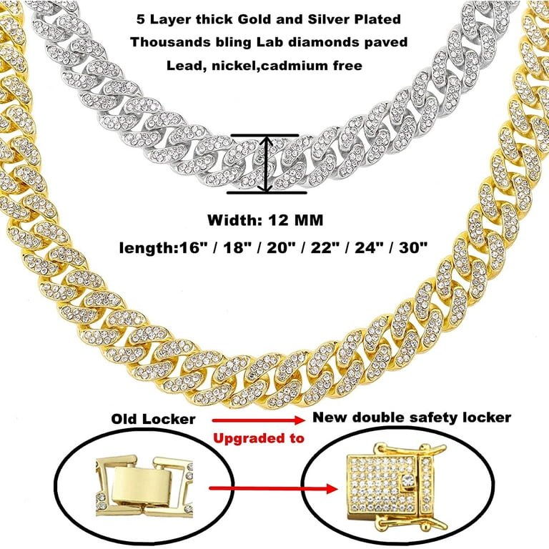 HH Bling Empire Silver Gold Cuban Link Chain for Men/Women, Iced Out Mens Diamond Chain Necklace-Miami Cuban Link Chains Hip Hop Jewelry