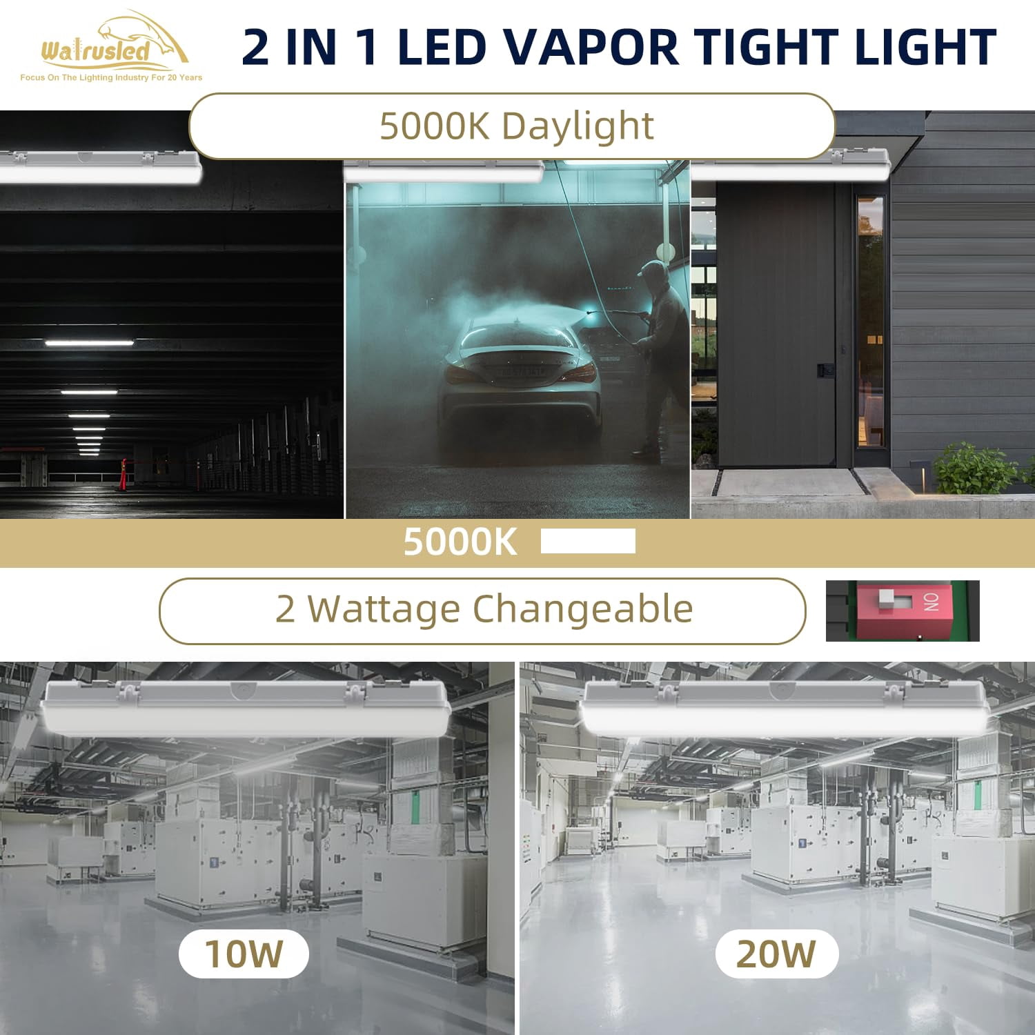 2FT Tri-Level Motion Sensor LED Vapor Tight Emergency Light, Battery Backup, IP65 IK08, 10W(1250lm)/20W(2500lm),5000K, Dimmable,Outdoor Waterproof Shop Light,Vapor Proof Light Fixture for Carport,FCC