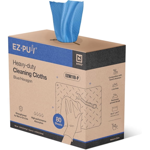 EZbrnd Heavy-Duty Cleaning Cloths Towels, Pop Up Box, Blue Shop Towels, 80sheets/box [X80]
