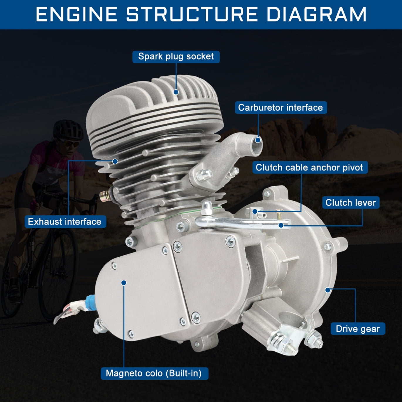 80cc Bicycle Engine Kit, Modification Bicycle Kit Fit, Petrol Gas Motor Kit Engine Set, 2.20kW 6000r/min Maximum Speed ​​38km/h Including Meter Bicycle Modification Parts
