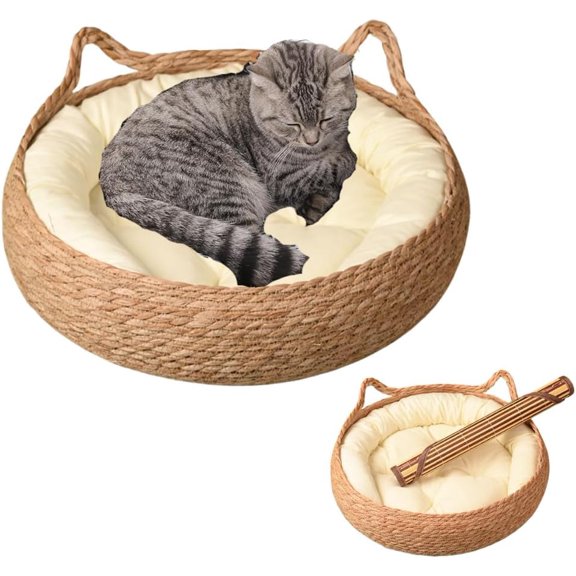 Colourtree Round Rattan Cat Bed with Removable Cushion, Indoor Cat & Small Dog Bed, Includes Cotton Mat and Bamboo Mats