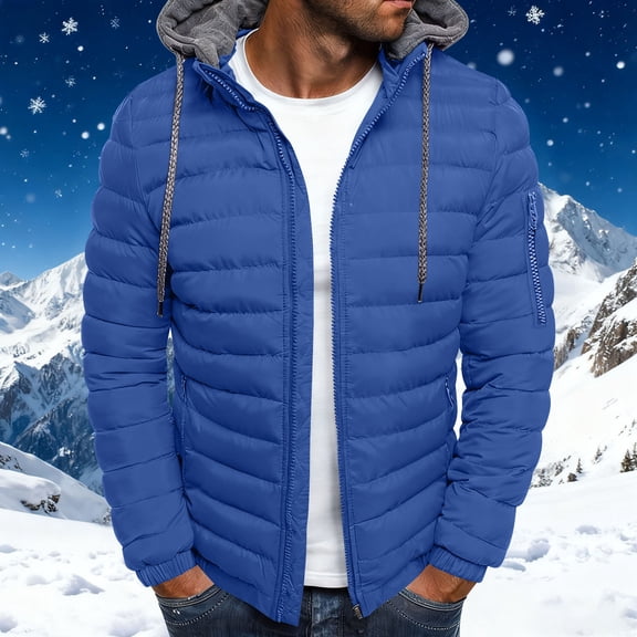 COSFO Puffer Jacket Men Hooded Lightweight Full Zip Solid Blue Outwear Warm Loose Fit Long Sleeve with Pockets Coats for Men