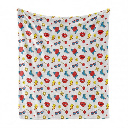 

Emoticon Soft Flannel Fleece Throw Blanket Hipster Pop Art Theme 90s Fashion Comic Book Lollipop Shoes Lips Roses Cozy Plush for Indoor and Outdoor Use 70 x 90 Yellow Red Blue by Ambesonne