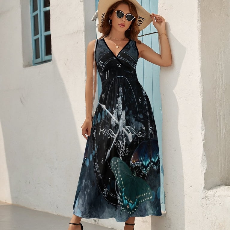 Butterfly Clock Womens Night Club Maxi Dress V Neck Sleeveless Bohemia Long  Dresses - Walmart.com