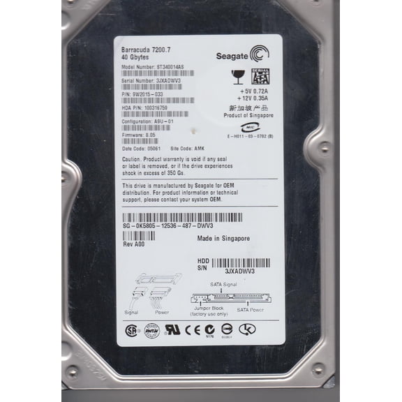 ST340014AS, 3JX, AMK, PN 9W2015-033, FW 8.05, Seagate 40GB SATA 3.5 Hard Drive
