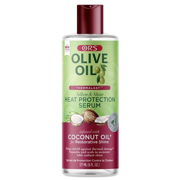 Suero para el cabello con protección contra el calor de aceite de oliva ORS infundido con aceite de coco para un brillo restaurador, 6 onzas