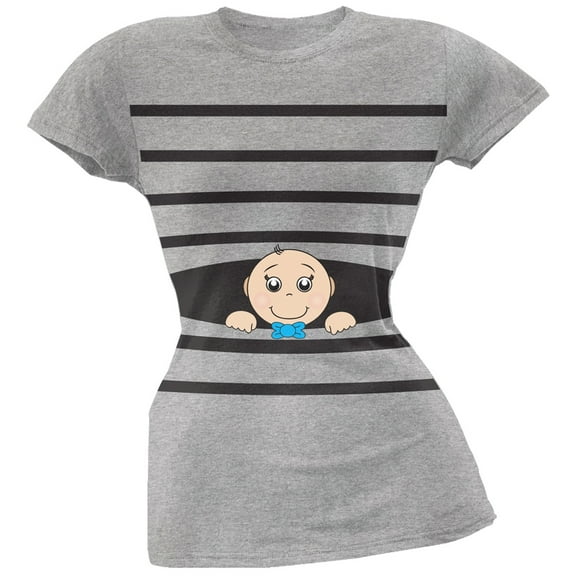 Striped Peeking Baby Boy Grey Soft Juniors T-Shirt - 2X-Large