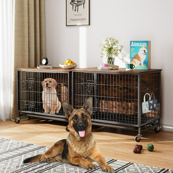 BeesClover Dog Crate, 38" XXL Heavy Duty Dog Crate Furniture, Double Door Indoor Kennel with 360° Wheels, Removable Tray & 3 Hooks, Easy to Assemble and Clean Scratch-Resistant Pet Cage for Large Dogs