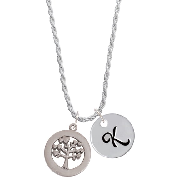 Delight Jewelry Stainless Steel Tree of Life in Eternity Ring - Silvertone Script Initial Disc - K - Charm Necklace, 20"+3"
