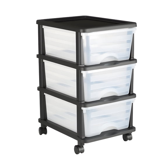 KFFKFF Plastic Storage Drawer Cart with Wheels, 3-Tier Organizer for Office, Craft, and Classroom Supplies, Rolling Storage Solution with Clear Bins and Dividers