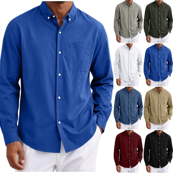 Men's Long Sleeve Tee Shirts Summer Collar Thin Style Solid Color Button Shirt with Pocket Casual Stylish Loose Lightweight Work Shirt