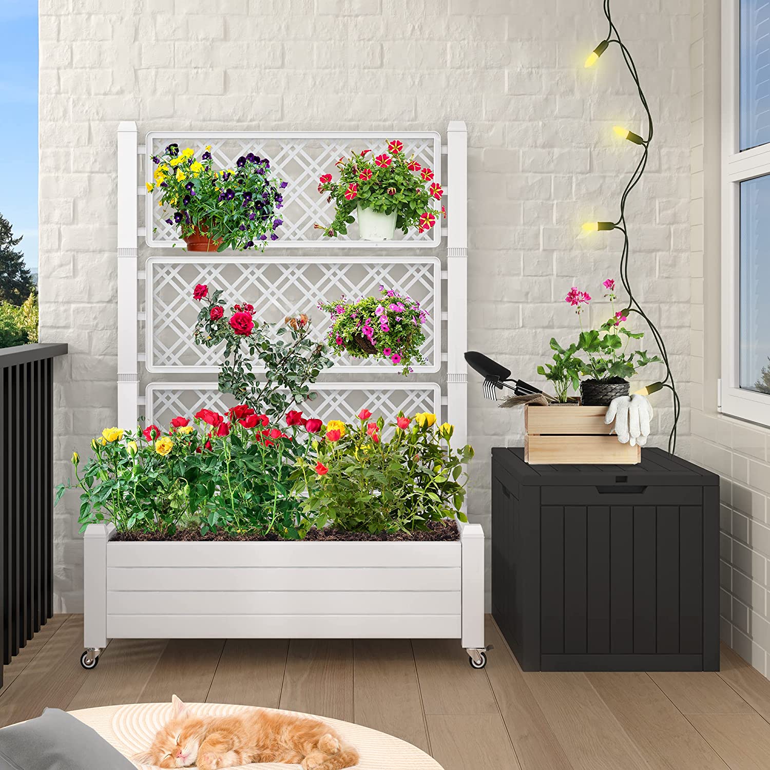 Dextrus 3.6x1.5x5FT Elevated Raised Garden Bed with Trellis and Lockable Wheels, Large Outdoor Resin Patio Planter Box with Drain Plug and Water Monitor for Vines, Climbing Plants, Flowers