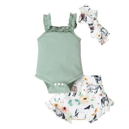 

TJAZFJPA Baby Outfits Girl Dress Girls Sleeveless Ruffles Ribbed Romper Bodysuit Cartoon Cow Prints Shorts Headbands Outfits One Year Old Girl Birthday Outfit Summer Girls Dance Outfits Black