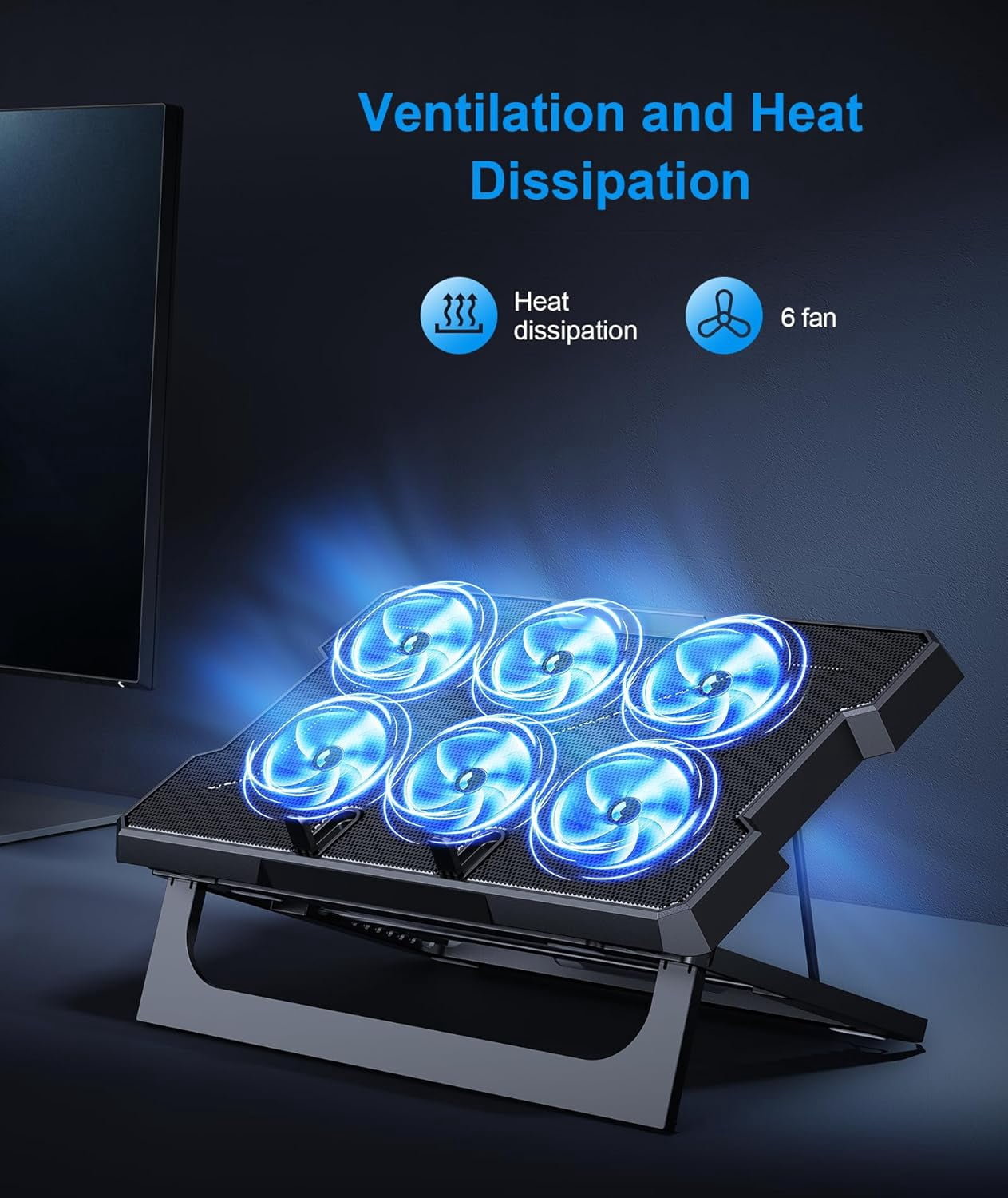 Laptop Cooling Pad, Cooler with 6 Quiet Fans Up to 17.3 Inch Heavy Notebook Stand, 8 Levels of Tilt, Two Height Adjustable (Black)