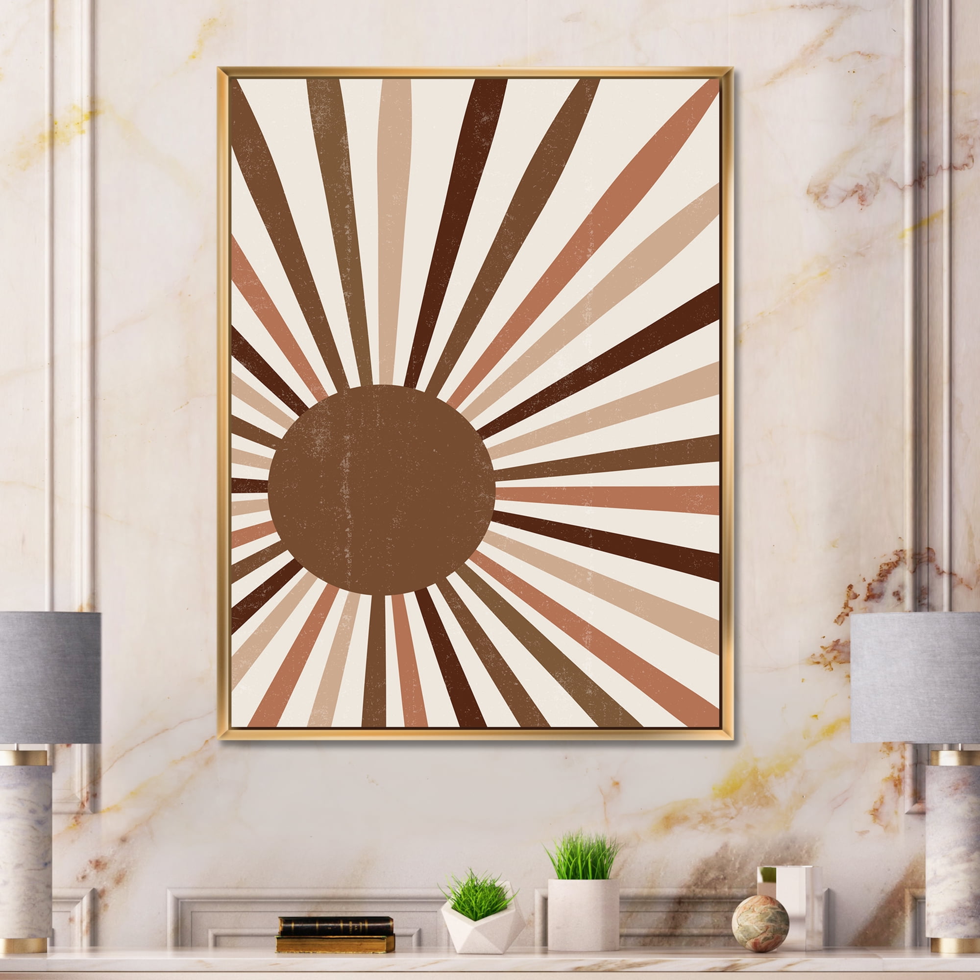 Designart 'Bright Minimalist Shining Terracotta Sun Rays' Modern Framed Canvas Wall Art Print