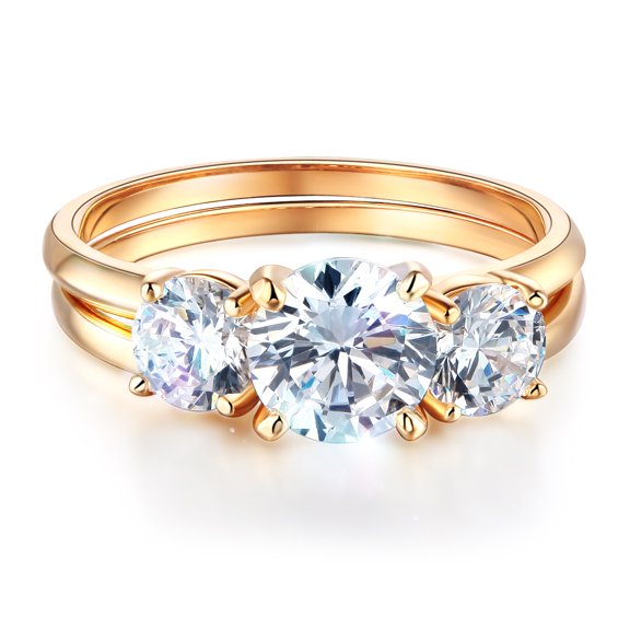 Wellingsale Ladies Solid 14k Yellow Gold Polished CZ Cubic Zirconia Round Cut Three 3 Stone Engagement Ring and Matching Band Bridal Sets - Size 4