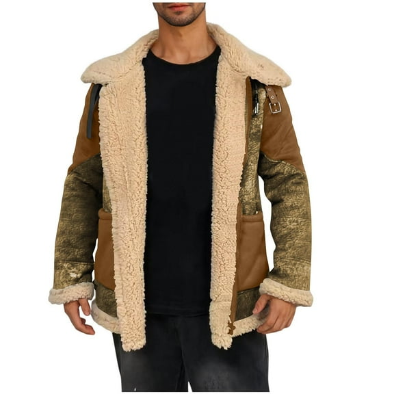 Levmjia Men's Faux Shearling PU Leather Jacket Zip Front Collared Coat Winter Warm Casual Outerwear Long Sleeve No Hood Top Soft Lined Stylish Wear S-5XL