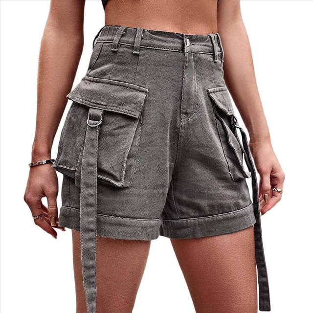 Pantalones Cortos de Sarga de Tiro Medio y Alto para Mujer, Elásticos, con Bolsillos, para Discotecas Gris L