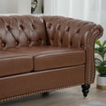 thumbnail image 5 of Chesterfield Sofa Couch, PU Tufted 3 Seater Sofa with Thick Cushion and Nailhead Trim, Mid-Century Rolled Arm Accent Sofa for Living Room, Bedroom, Office, Apartment, Small Space, Brown, 5 of 7