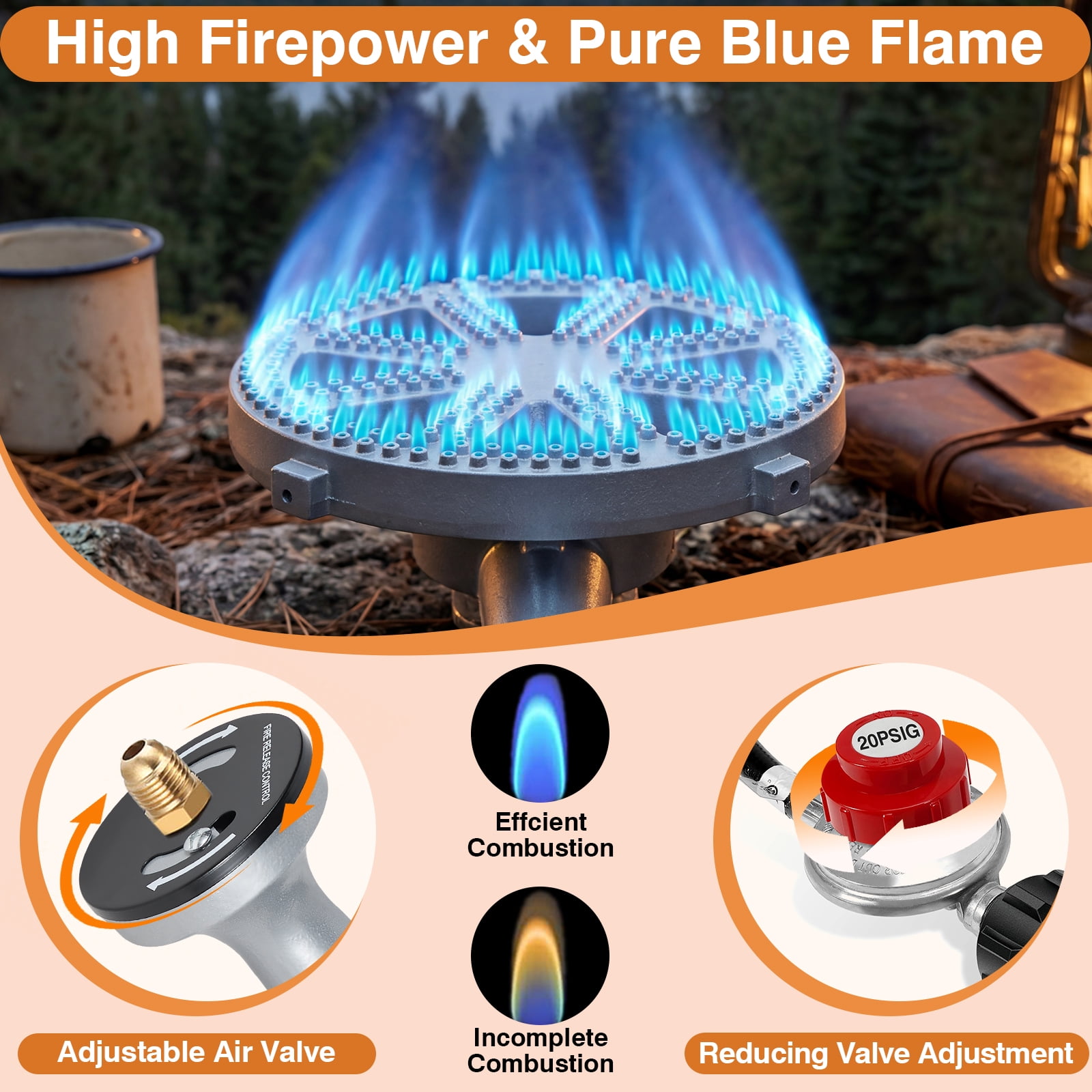 SIXDAY 11.2" Burner Head High Pressure, 200, 000 BTU Cast Iron Burner, 4.1ft Hose & Brass Fitting (Round)