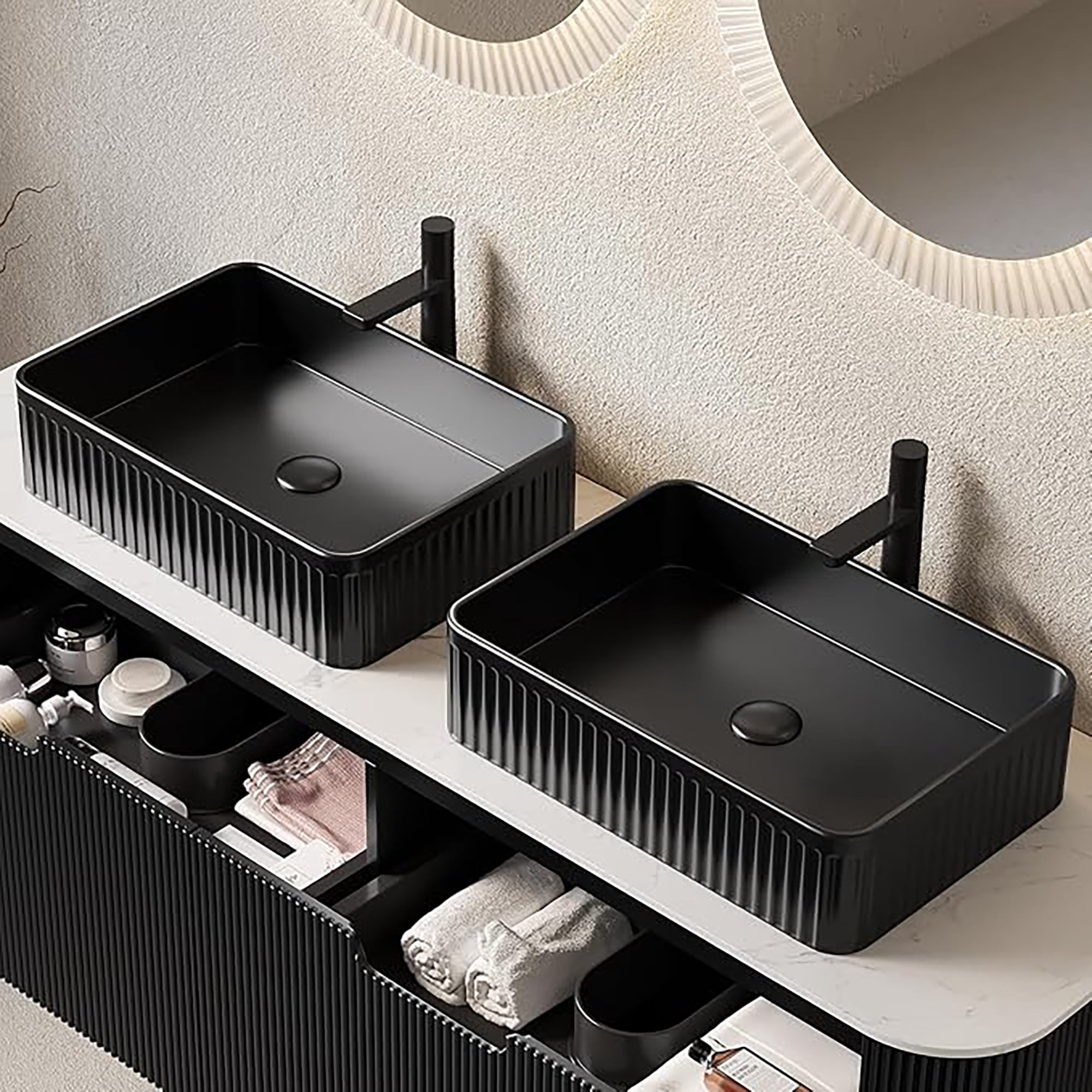 Wohh 20" Rectangular Bathroom Sink Black Ceramic Vessel Vanity Basin with French Stripe Design, 19.69"x13.39"x5.12" Countertop Porcelain Sink for Modern Home & Commercial Use