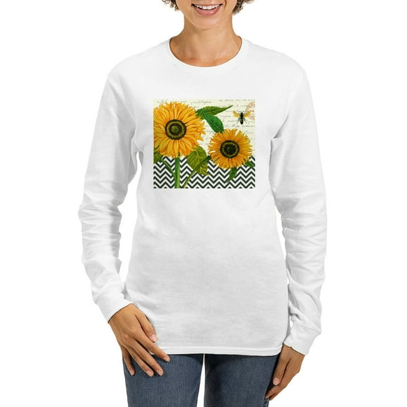 CafePress - Modern Vintage Sunflower Long Sleeve T Shirt - Women's Long Sleeve Graphic Casual T-Shirt