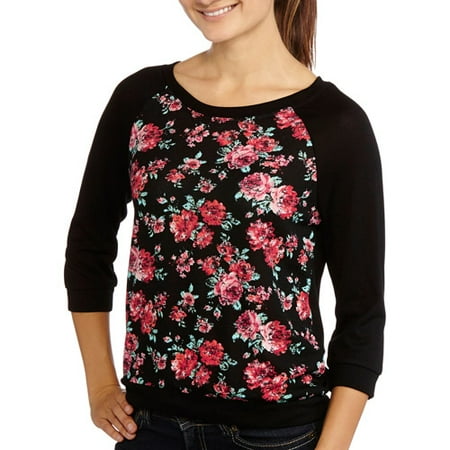 Juniors' 3/4 Raglan Sleeve Sweatshirt with Banded Bottom