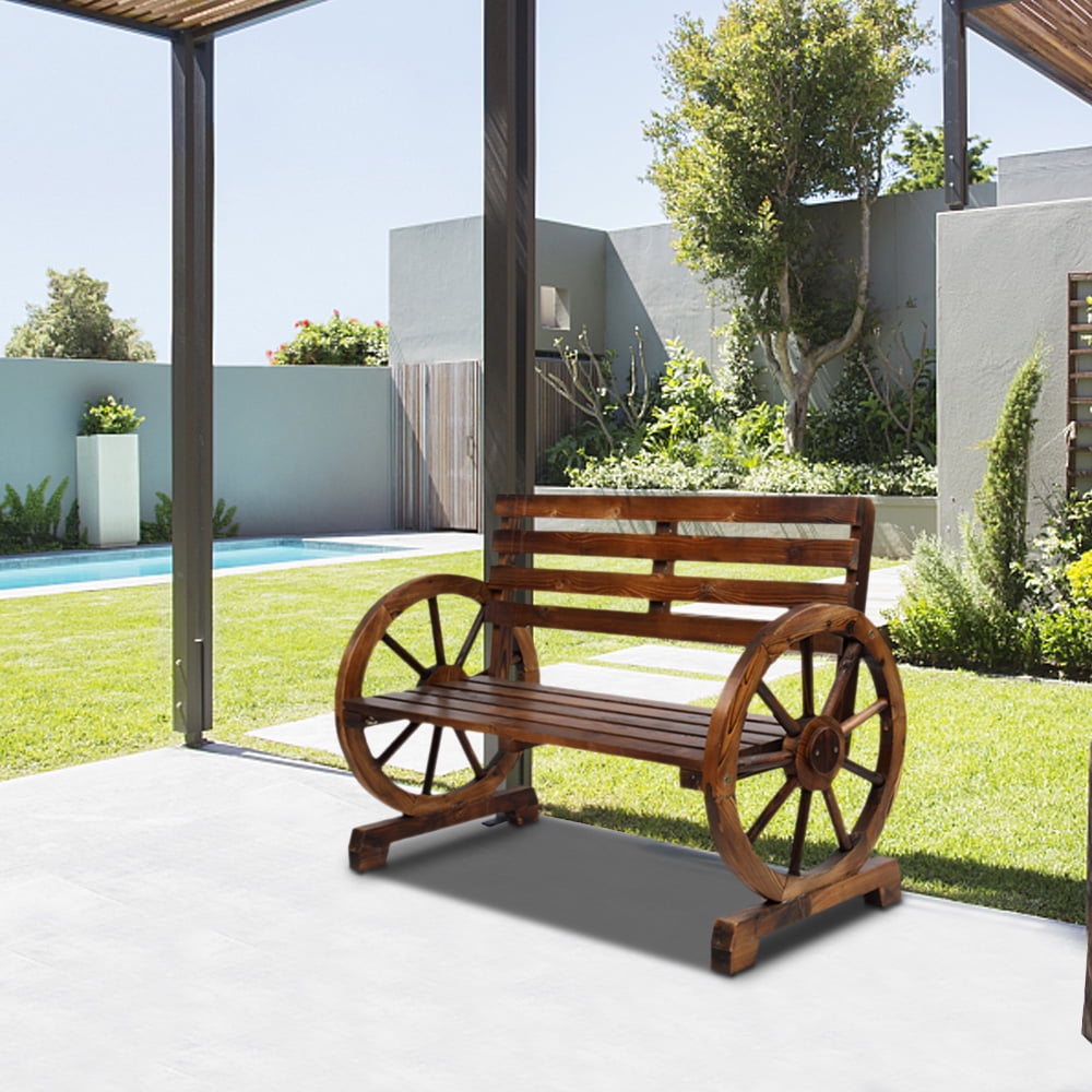 Kepooman 2-Person Outdoor Bench Park Garden Bench, All Chair Wooden Patio Yard Bench with Slatted Seat and Backrest for Backyard, Porch, Balcony, Brown