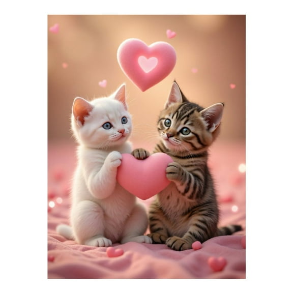 Diamond Art Kits for Adults, Cute Kittens Holding Pink Hearts 5D Diamond Painting Kits for Adults Beginners, DIY Full Drill Diamond Painting, Gem Art and Crafts 12x16
