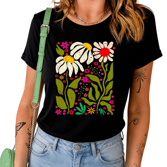 UNISHE Women's Large Daisy Graphic T-Shirt Retro Speckled Flower Print Tee Casual Short Sleeve Crewneck Top Trendy Summer Shirt