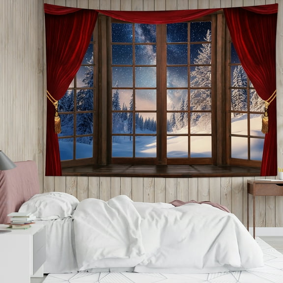 HVEST Christmas Winter Forest Tapestry Wall Hanging Snow Pine Tree Forest Outside Window Wall Tapestry for Bedroom Vintage Winter Tapestry for Living Room College Dorm Home Decor,80x60 inch