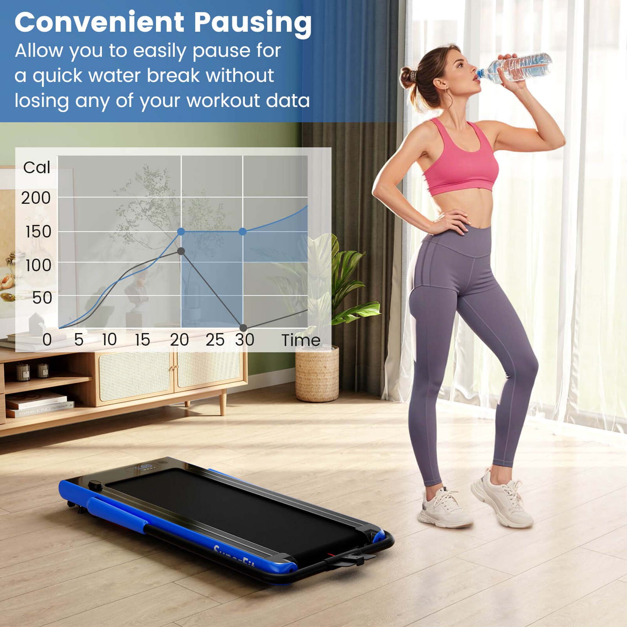 Costway 3-in-1 Folding Treadmill with Smart Apps Remote Control LED Display and Speakers Blue