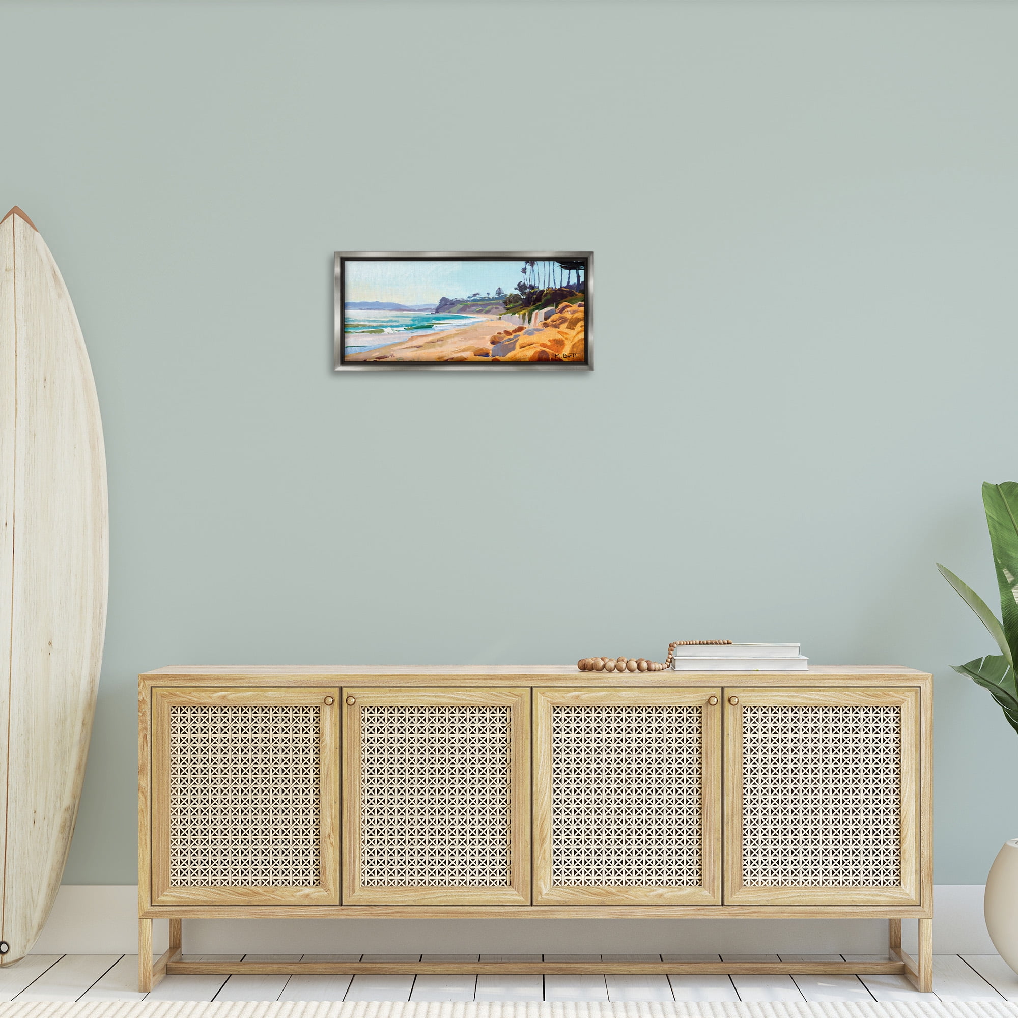 Stupell Industries Summer Beach Landscape Painting Nature Painting Gray Floater Framed Canvas Art Print Wall Art, 25 x 11