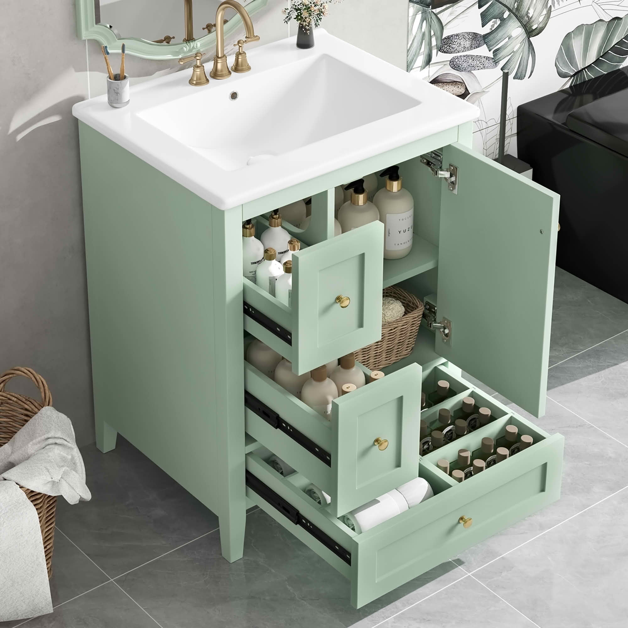 MAYEERTY 24-Inch Bathroom Vanity with Storage, Adjustable Shelf MDF Rubberwood Removable Dividers, Green Finish