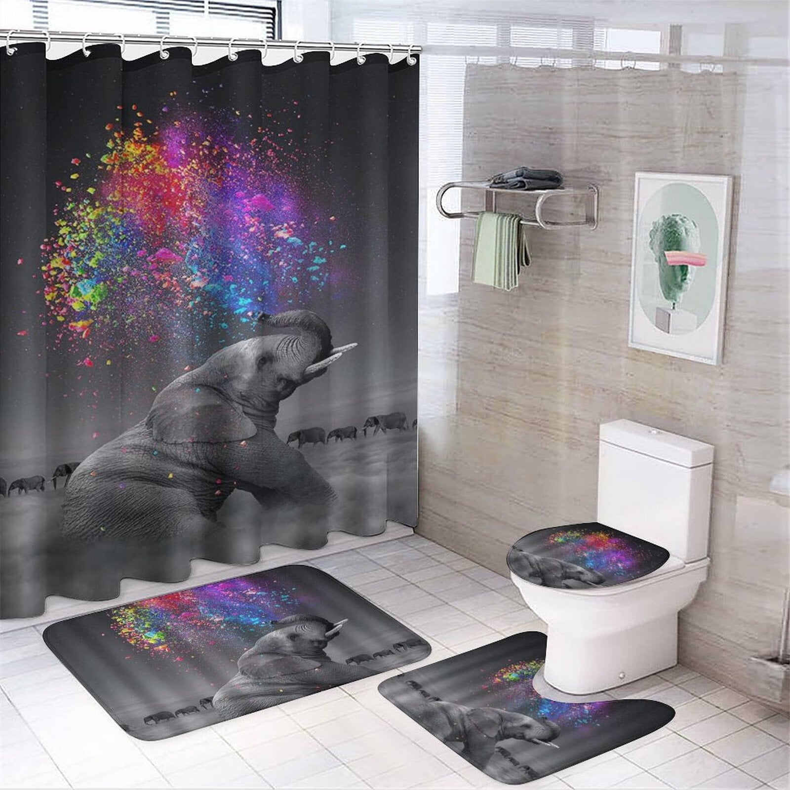 4 Piece Fun African Elephant Shower Curtain Sets with NonSlip Rugs