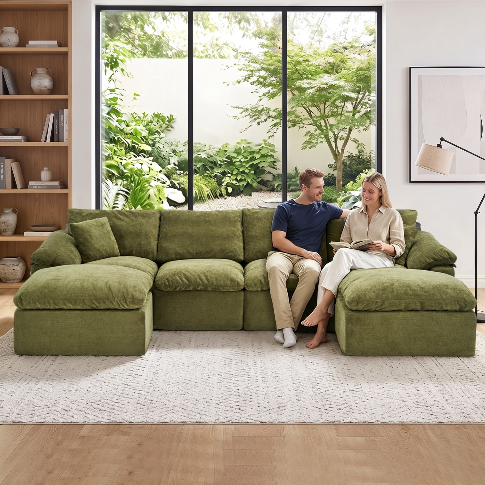 HOQBN Modular Sectional Sofa, L Shape Cloud Couch with 2 Movable Ottoman, Comfy Chenille Deep Seat Sofa with Soft Pillows for Living Room Apartment (Green)