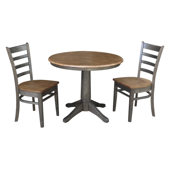 36" Round Wood Table With 2 Emily Chairs in Hickory/Washed Coal - 3 Piece Set