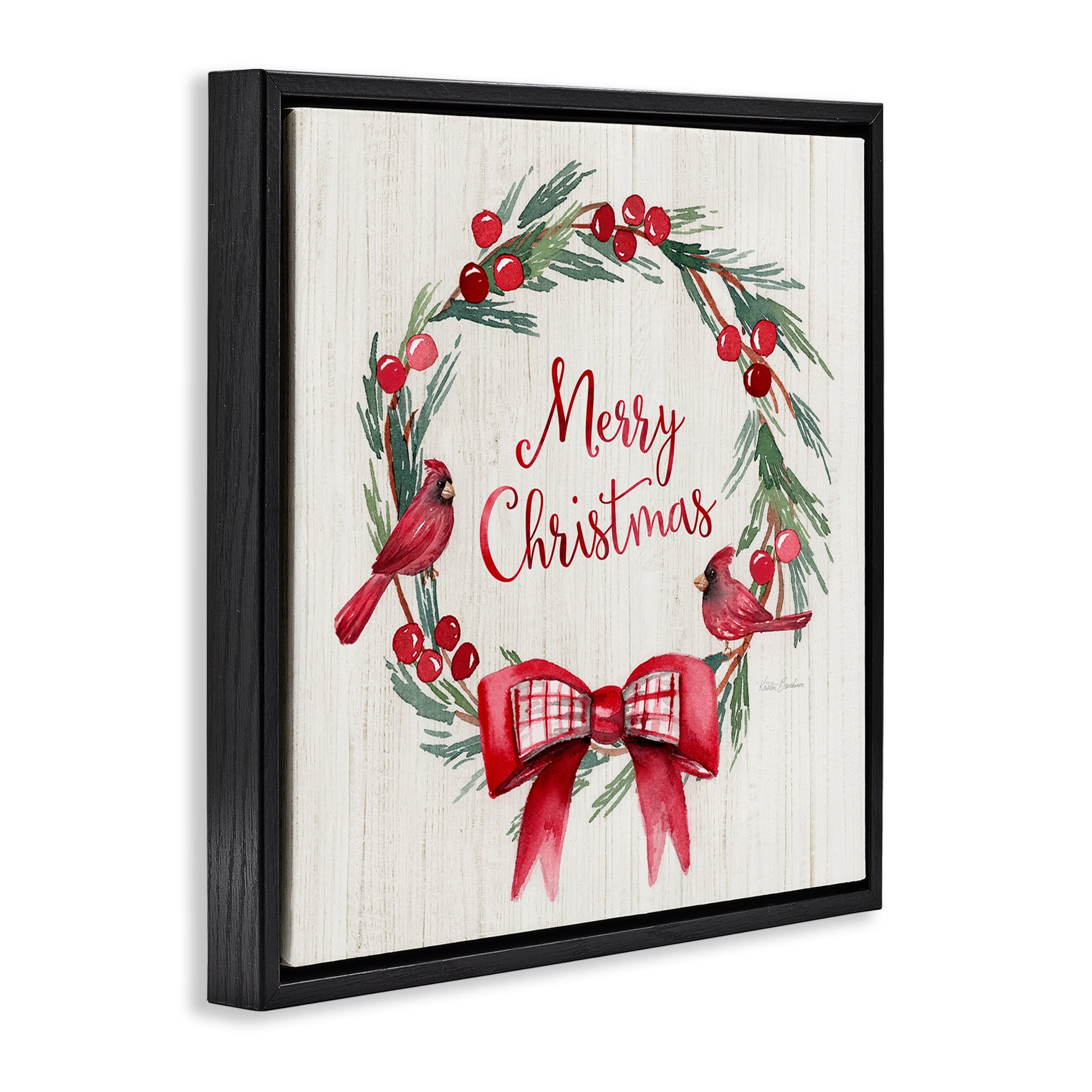 Stupell Industries Merry Christmas Holly Wreath Holiday Painting Black Floater Framed Canvas Art Prints Wall Art, 18 x 18
