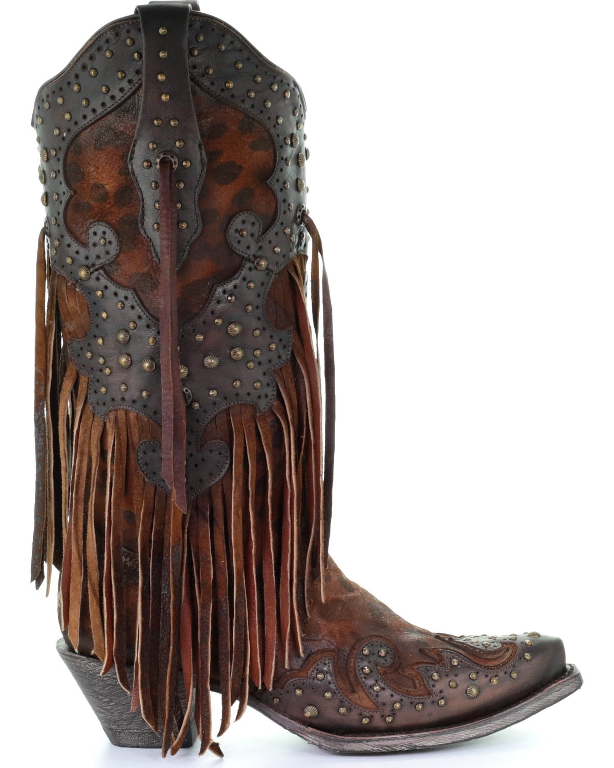 Corral Boots Womens Leopard Print Fringe Snip Toe Cowboy Mid Calf