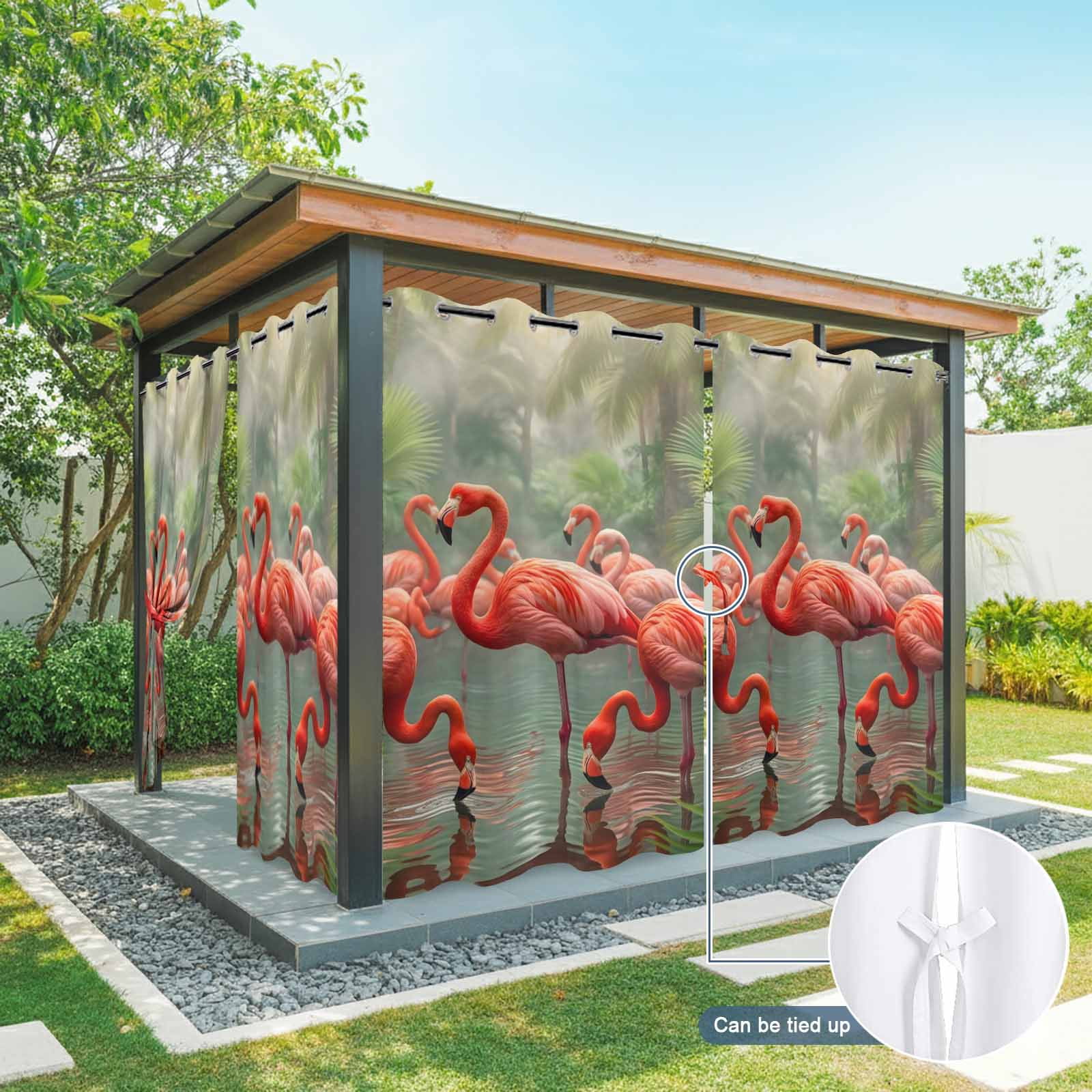 Flamingo Colony Outdoor Curtains for Patio, Animal Jungle Leaf Tropical Pond Rainforest Botanical Sunshade Privacy Drapes Grommet Waterproof Outside Curtains for Porch Balcony 54"x108", 1 Panel