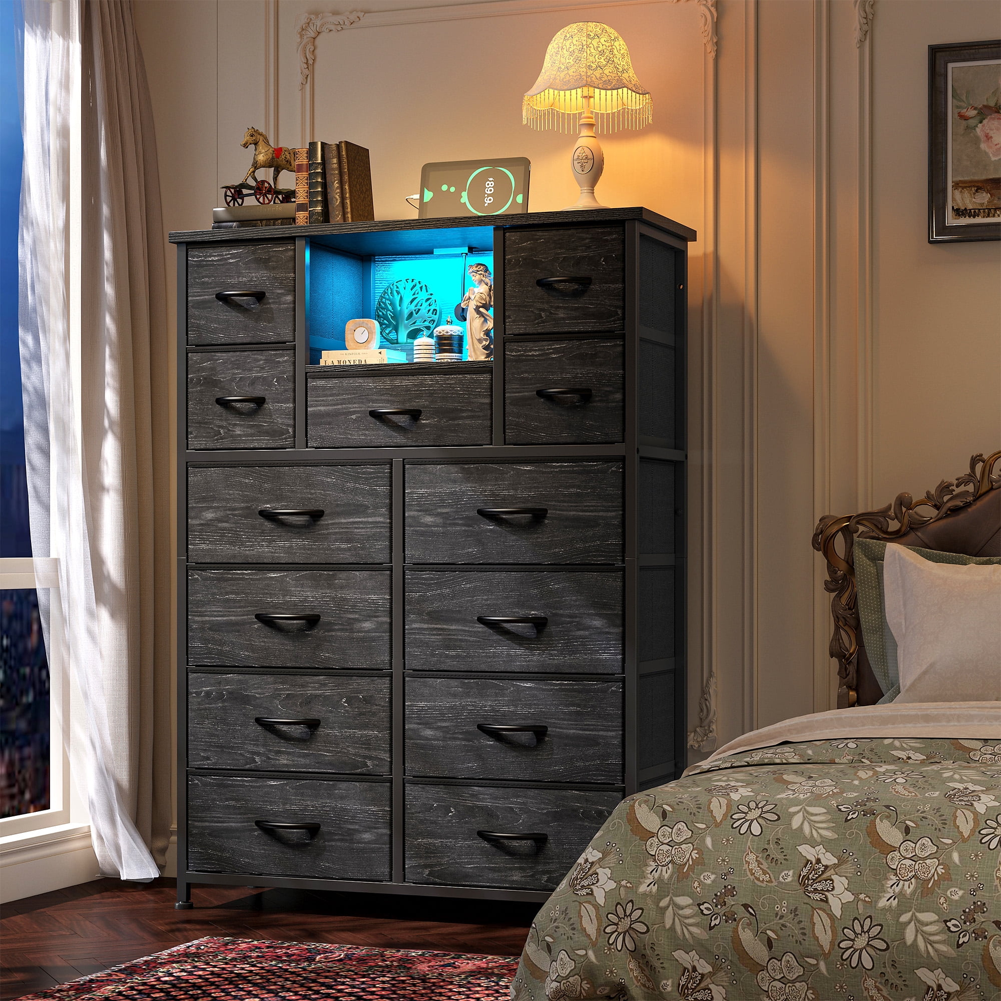 Black Dresser for Bedroom with 13 Fabric Drawers Tall Dresser with LED Light & Charging Station, Rustic Brown