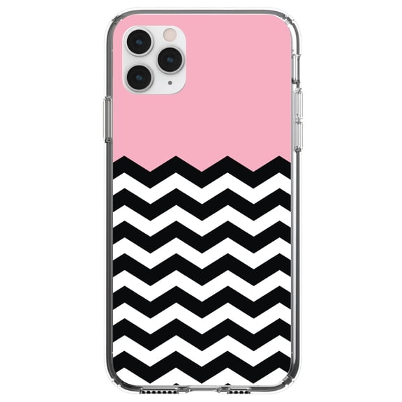 DistinctInk Clear Shockproof Hybrid Case for iPhone 12 / 12 PRO (6.1" Screen) - TPU Bumper, Acrylic Back, Tempered Glass Screen Protector - Black White Pink Chevron - Black White Chevron Stripes