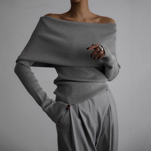 Women's Off Shoulder Knit Sweater, Slim Long Sleeve Foldover Neck Pullover for Date and Dinner Outfits