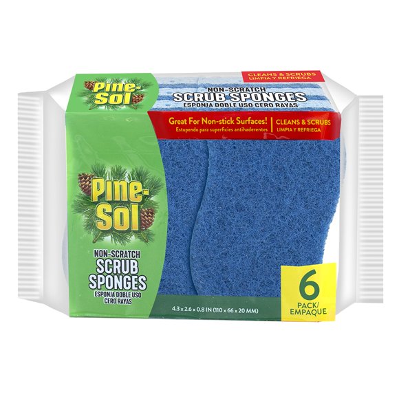 Pine-Sol Non Scratch Scrub Sponges - Double Sided Dish Scrubber Safe for Nonstick Cookware - Kitchen Essentials for Dishwashing and Cleaning, 6 Pack, Blue