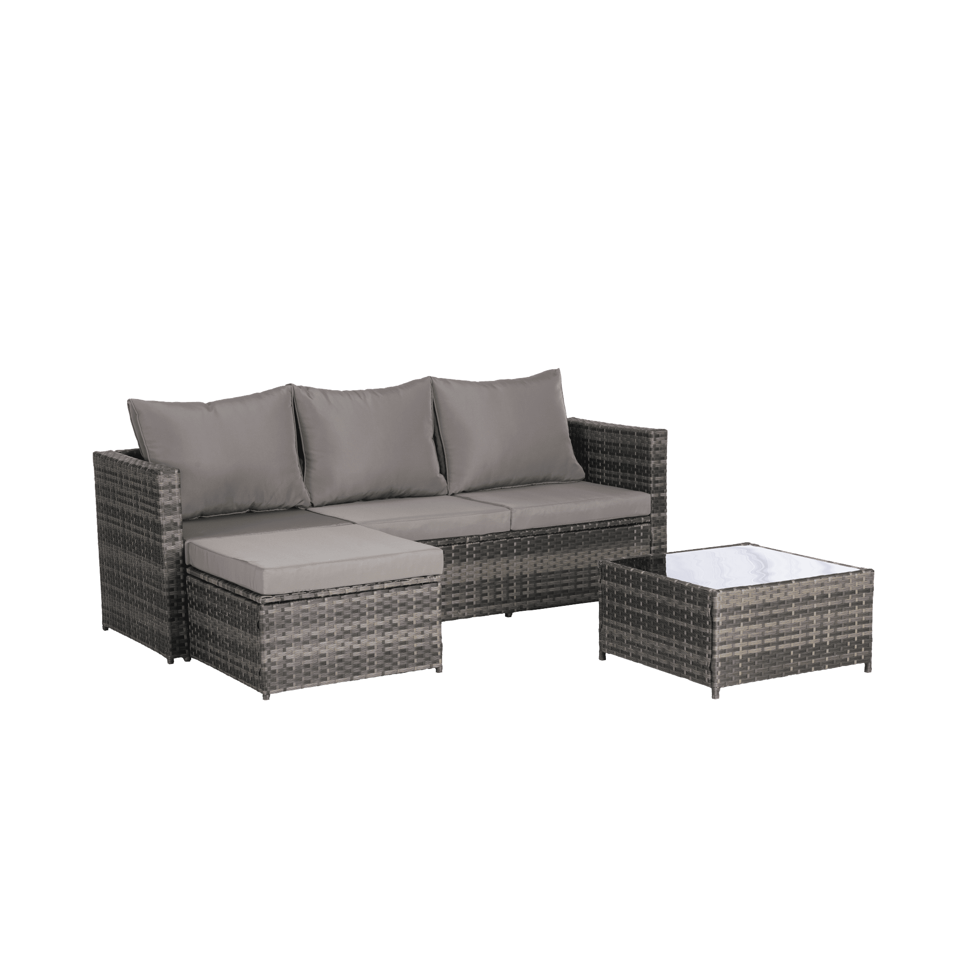 3 Pieces Patio Furniture Set,All-Weather Outdoor Woven Sectional L- Shaped Sofa with Ottoman,Wicker Conversation Set with Tempered Glass Coffee Table for Backyard Poolside,Dark Gray